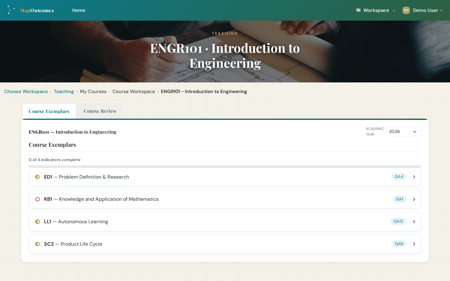 Instructor course workspace showing only their assigned courses and indicators