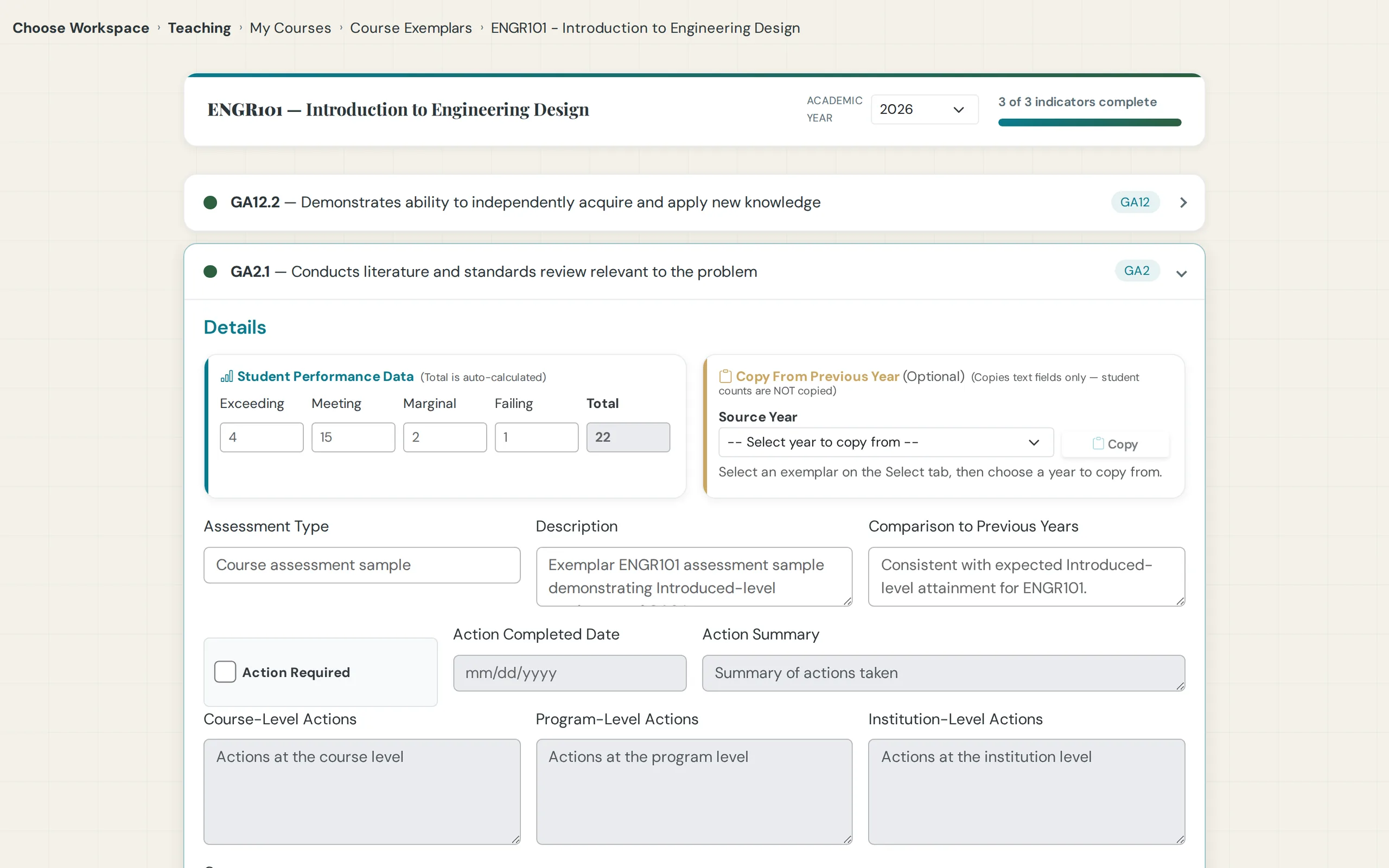Course exemplar opened with its evidence filed against the course-indicator pairing