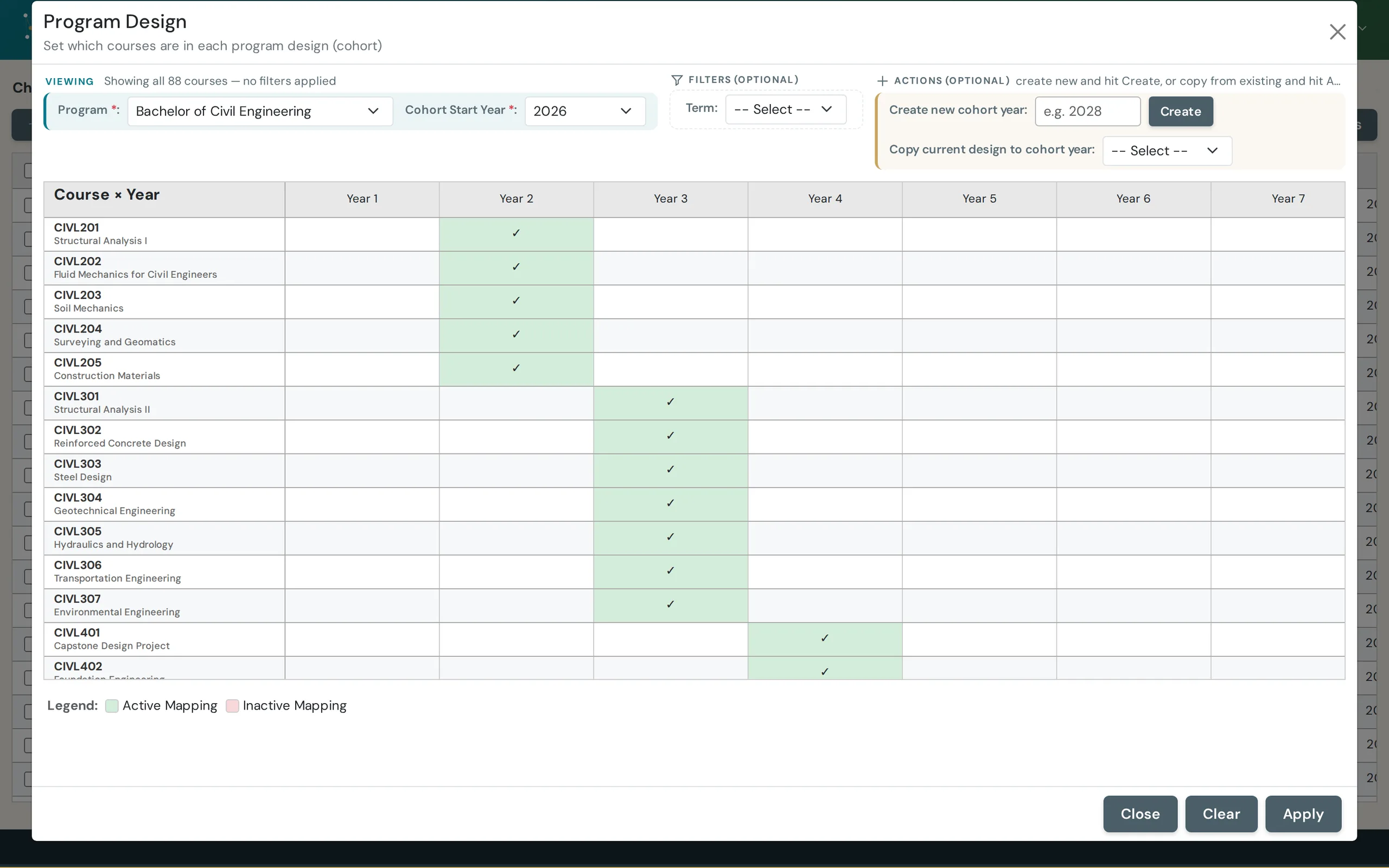 Junction editor mapping program courses to indicators by cohort