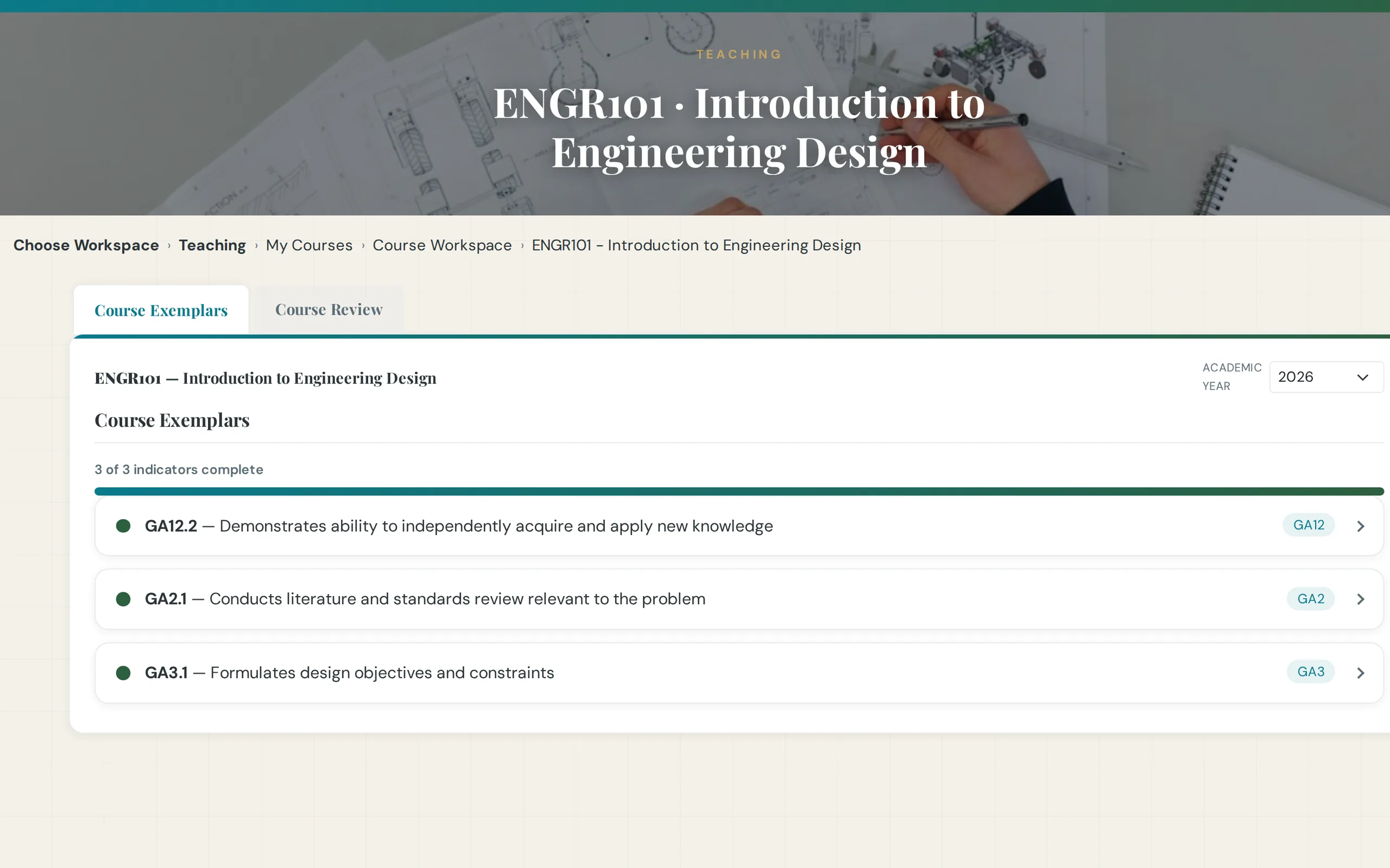 Instructor course workspace showing only their course and its indicators