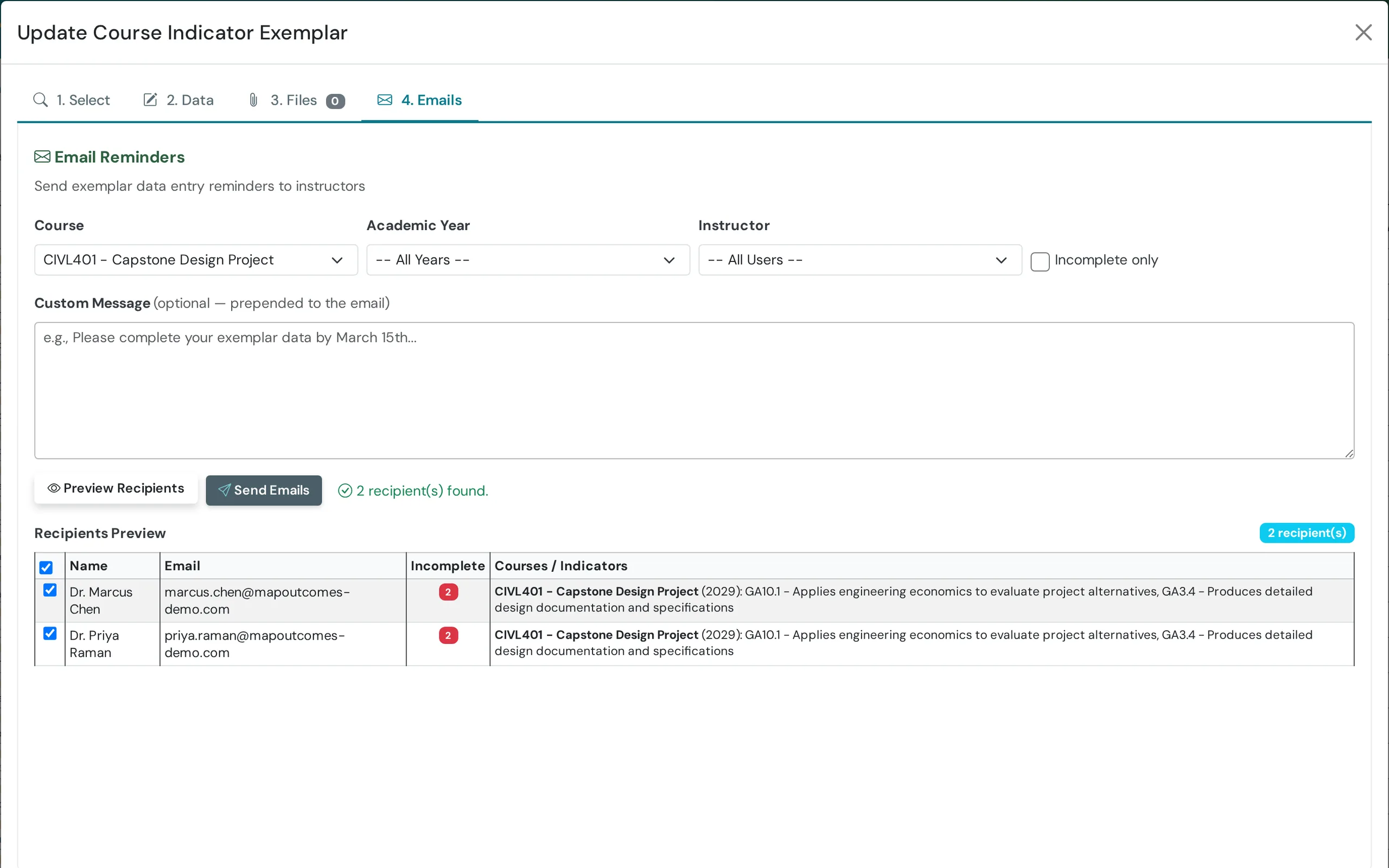Email reminders listing instructors with missing exemplars for a course