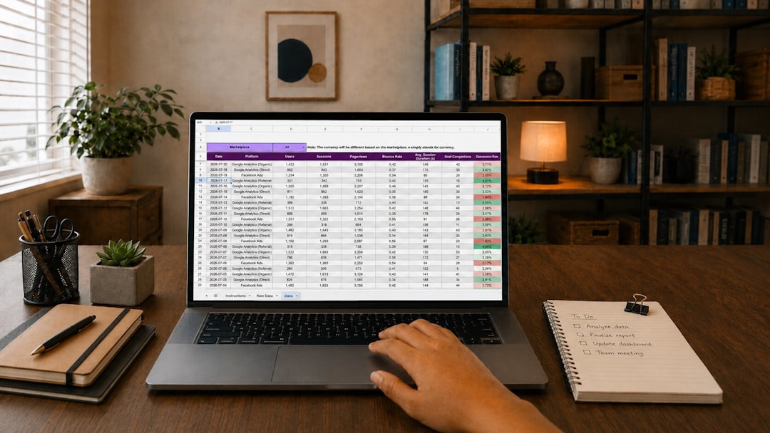 Laptop displaying a data spreadsheet on a professional desk