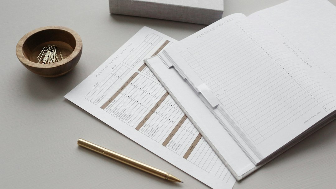 A finance tracker planner with budget sheets, a gold pen and paper clips arranged on a grey surface