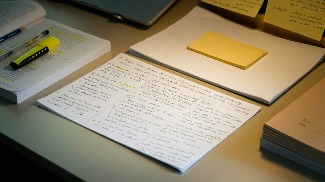 A desk with printed documents, pens and a highlighter, the hands-on preparation work of inventorying evidence before a visit