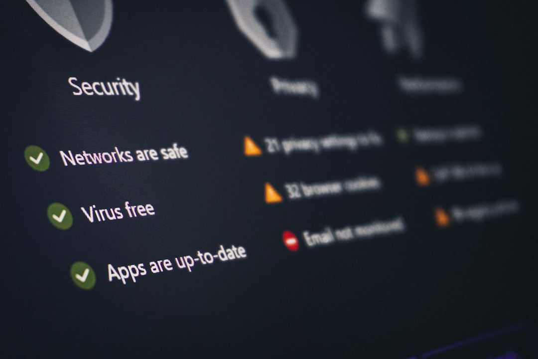 A security dashboard showing network status, virus-free and apps-up-to-date checks with padlock icons over a server rack