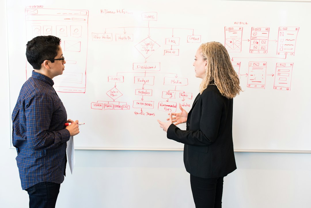 Two faculty members reviewing a detailed curriculum mapping diagram on a whiteboard