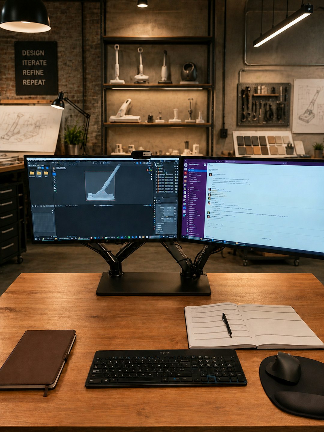 A dual-monitor engineering workstation showing CAD modelling, with a keyboard, notebook and design studio shelves in the background