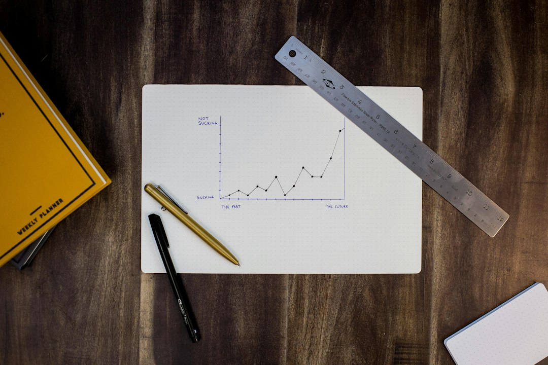 A hand-drawn line graph on paper beside a metal ruler and pens, the manual audit work of tracing an improvement cycle