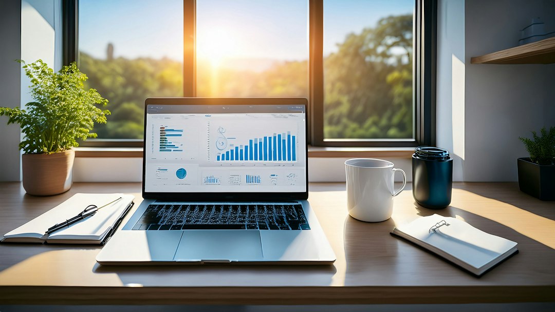 A laptop showing an analytics dashboard on a desk by a sunny window, representing the program-level view of assessment data