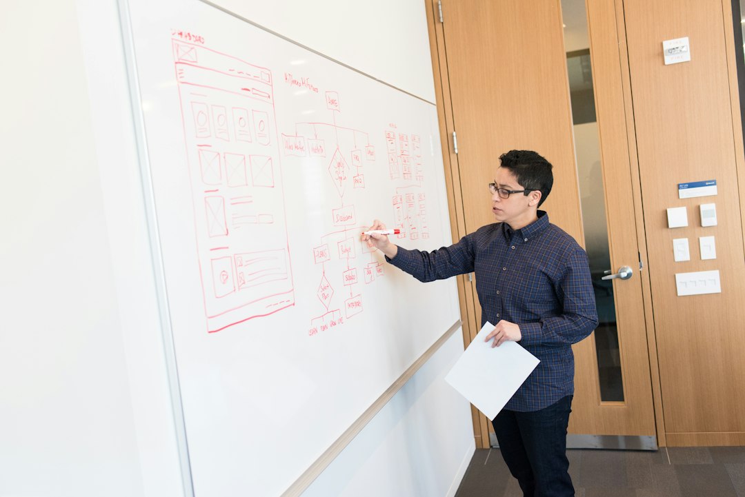 A faculty member mapping a curriculum diagram on a whiteboard in a classroom